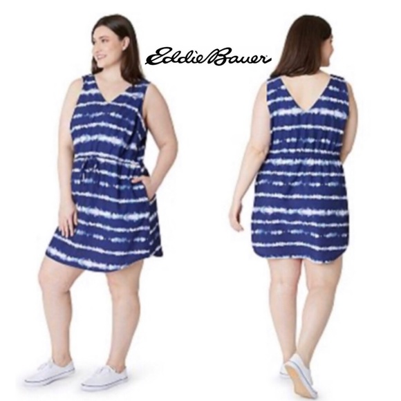 Eddie Bauer Dresses & Skirts - Eddie Bauer Spindrift Tie Waist Tank Dress, Blue and White Striped Tie Dye 2X
